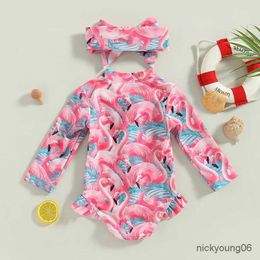 One-Pieces Girls Swimsuit Flamingo/Flower Print Swimwear Bathing Suit Zipper Long Sleeve Childrens Clothing Swimwear with Headwear