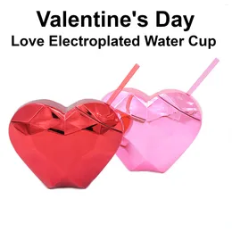 Water Bottles 600ML Love Shaped Plated Cup With Straw Cover Juice Beer Cocktail Beverage For Party Valentine's Day Birthday Gift