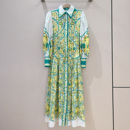 Women's dress cotton laple neck long sleeve floral printed shirt midi dress