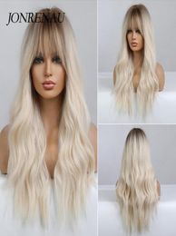 Synthetic Wigs JONRENAU Wavy Blonde Platinum For Women With Bangs Ombre Dark Long Wave Wig Party Daily Heat Resistant Fibre Hair5108689