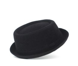100 Wool Men Pork Pie Hat For Dad Winter Black Fedora Hat For Gentleman Flat Bowler Porkpie Top Hat Size S M L Xl Y190705034895291