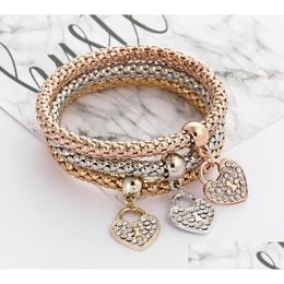 Charm Bracelets 3Pcs/Set Elastic Crystal Bracelet Diamond Heart Crown Tree Of Life Skl Butterfly Bangle Cuff Sets Jewellery Epacket Dro Dhloj