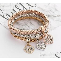 Charm Bracelets 3Pcs/Set Elastic Crystal Bracelet Diamond Heart Crown Tree Of Life Skl Butterfly Bangle Cuff Sets Jewelry Epacket Dro Dhloj