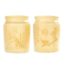 Handmade Polished Laser Plum Bossom Orchid Flowers Natural Bamboo Wood Tea Canister Seasoning Candy Storage Airtight Jar Caddies 240401
