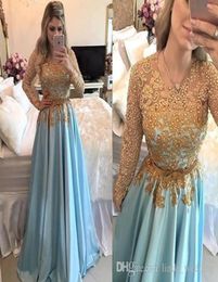 2019 Cheap Long Sleeves Evening Dress Newest Ocean Blue Arabic Dubai A Line Formal Holiday Wear Prom Party Gown Custom Made Plus S8975168