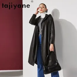 Women's Leather Genuine Tajiyane Sheepskin Trench Coat For Women 2024 Real Jacket Long Windbreaker Hooded Oversized Jackets