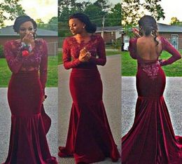 Long Sleeve Burgundy Mermaid Prom Dresses 2019 Sheer New Arrival Boat Neck Backless Floor Length Velvet Evening Gowns3186726