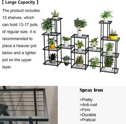 13 Tiers Multifunctional Metal Plant Stands for Indoor Outdoor, Decorative Steel Plant Shelf for Patio Garden Balcony, Black