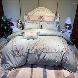 Bedding Sets Blue Pink Grey Luxury Chinese Style 100S Egyptian Cotton Flowers Embroidery Set Duvet Cover Bed Sheet/Linen Pillowcases