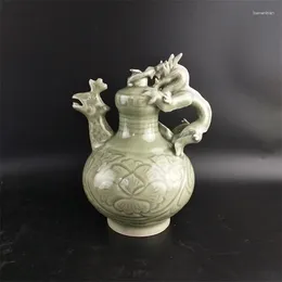 Vases Song Yaozhou Kiln Celadon Carving Dragon Handle Phoenix Head Backflow Pot Antique Collection Ant