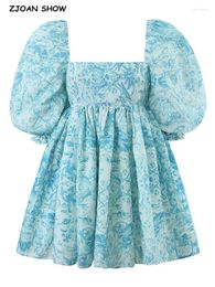 Party Dresses Princess Blue Flower Cotton Ball Gown Dress Square Collar Puff Sleeve Retro Women Swing Mini Robe Fairy Cake Vestidos