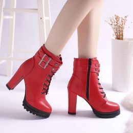 Boots Platform High Heels Boots Women Ankle Boots with Buckle Shoes Women's High Heel Sexy Motorcycle Boots Platform Shoes for Woman