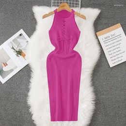 Casual Dresses Ins Fashion Solid Lace Up Knitted Women Dress 2024 Summer Halter Sleeveless Bodycon Europe Style Ladies Hollow Sexy