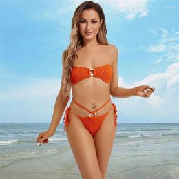 Women's Swimwear Knitted Sexy Off Shouder Crop Top And Bottom Shorts Crochet Bikini Set Beach Cover-up Women Wooden Ring Swimsuit