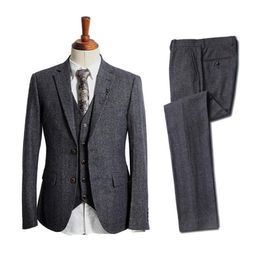 Classy Wool Wedding Tuxedo 2020 Dark Grey Tweed Herringbone Pockets Groom Wear Men039s Suit Vests Groomsmen Outfit Slim Fit Men5964779