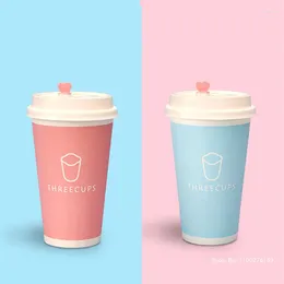 Disposable Cups Straws 50pcs High Quality Pink/blue Cup 300ml Party Favors Drinking Milk Tea Water Paper Takeaway Coffee With Lid