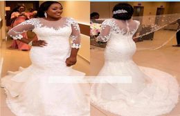 Lace Plus Size Mermaid Wedding Dresses with 34 Long Sleeves African Wedding Gown Courtl Train White Tulle Bridal Gowns6842008