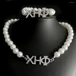 Chains Delicate Rhinestone Metal CHI ETA PHI Letter Charm Sorority Pearl Necklace Choker