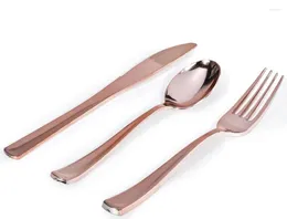 Disposable Flatware Rose Gold Plastic Silverware 25 Pack Cutlery Heavy Duty Set For Party & Wedding