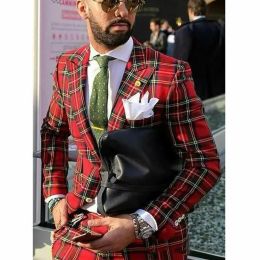 Red Plaid Men Suit Two Pieces(Jacket+Pants) Male Groom Pants Set Slim Fit Wedding Wear Jacket and Trousers Costume Homme