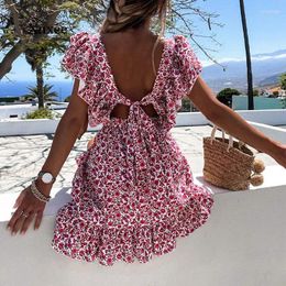Party Dresses Floral Print Mini Dress Summer Butterfly Sleeve Women Ruffle Square Collar Robe Lace-Up Sundress Boho A Line Beach