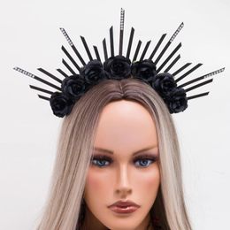 Decorative Flowers 1pc Spiked Halo Crown With Black Roses Women's Flower Goddess Headpiece Rose Sun For Hallowee Day Of The Dead