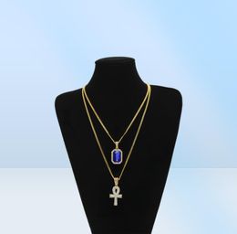 Egyptian Ankh Key of Life Bling Rhinestone Pendant With Red Ruby Pendant Necklace Set Men Hip Hop Jewellery 1510200