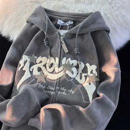 Women's Hoodies Y2K New Letter Flocking Embroidery Zip-up Hoodies Cardigan Women Corduroy Retro Fashion Sweatshirts Couple Casual Loose Cardigan 240413