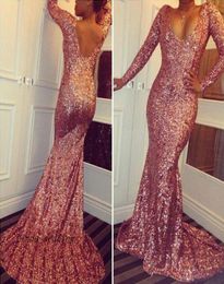 V Neck Long Sleeve Mermaid Sequined Prom Dress Masquerade Backless South African Graduation Evening Party Gown Plus Size Custom Ma3501907