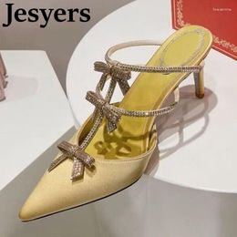 Slippers 2024 Summer Pointed Toe Thin High Heel Women's Shiny Crystal Bow-Knot Design Sexy Sandals Banquet Party Dress Shoes