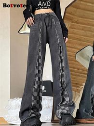 Women's Jeans Botvotee Spliced Plaid High Waisted For Women 2024 Streetwear Loose Wide Leg Vintage Straight Full Length Pants