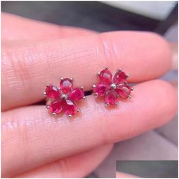 Hoop Huggie Earrings 925 Sier Flower Stud For Daily Wear M 4Mm Total 1.2Ct Heated Natural Ruby With 3 Layers 18K Gold Plated Drop Deli Dhfh8