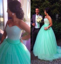 2015 Mint Green Wedding Dresses Ball Gown Soft Tulle Sweetheart Beaded Custom Made Plus Size Bridal Gowns Cheap Wedding Dresses4972565