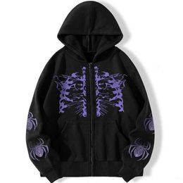 Women's Hoodies Sweatshirts Stitch Purple Spider Print Y2k Women Zip Up Long Sleeve Oversized Black Hoodie 2023 New Gothic Punk Fashion Casual Sweatshirts 240413