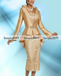 Two Pieces Gold Mother Of The Bride Dresses With Jacket Elegant Tea Length Long Sleeve women Wedding Guest Dress Formal Evening Go6337129