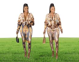 Sexy Women Two Piece Pants Sets Long Sleeve Lapel Neck Blouses Shirt Top and Skinny Pants Print African Womens Plus Size Set Suit 3953604