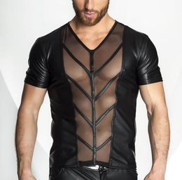 Faux Leather Mesh T shirt Men Tops Hip Hop Summer Tshirts Men Sexy Fitness Male Tees Black Plus Size SXXL2987290