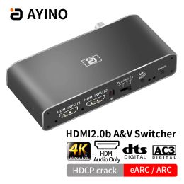 Connectors Hdmi2.0b Switcher 2 in 1 Out Earc Audio Splitter 7.1ch Atmos Aux Coaxial Optical Dac Extractor Decoding Cec Hdcp2.2 Crack Hd375