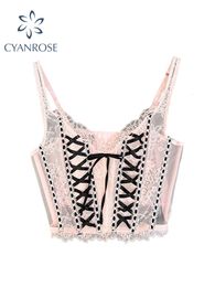 Women Pink Lace Up Crop Top 2000s Sleeveless Corset Top Vest Y2k Tank Tops Harajuku Casual Summer 90s Off Shoulder Camisole 240408