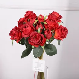 Decorative Flowers Artificial Roses Bouquet Silk Fake Home Decor Bulgarian Scorched Edge Rose Bouquets El Restaurant Decoration