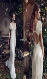 Vintage Sheath Wedding Dresses Lihi Hod Lace Bohemian Deep V neck Backless Boho Bridal Gowns 2019 Floor Length Short Sleeves Custo2743692