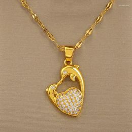 Pendant Necklaces Cute Mom And Baby Dolphin Luxury Crystal Love Heart Neckalces For Women Charm Gold Colour Chain Jewellery Mother's Day Gift