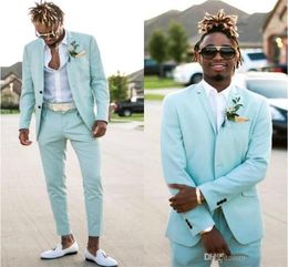 2019 Mint Green Wedding Tuxedos Slim Fit Two Pieces Beach Groomsmen Suits Groom Wear Peaked Lapel Formal Prom Suit JacketPants6510045