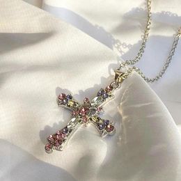 Pendant Necklaces Y2K Zircon Cross Necklace Pink Purple Love Heart For Women Gothic Fine Jewellery Party Girls Accessories