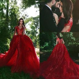 2018 Charming Red Arabic Dubai Evening Dress With Overskirt Sheer Neck Applique Celebrity Pageant Formal Holiday Wear Prom Party G6842524