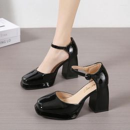 Dress Shoes Plus Size Shiny Patent Leather Round Toe Thick Heel Hollowed-Out Mary Jane Ankle Buckle Cute Sweet Girl's High