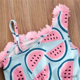 One-Pieces 1-5Years Toddler Baby Girls Swimsuits Watermelon Print One Shoulder Flower Strap Sleeveless Bikini 2023 Girl Summer Swimwear