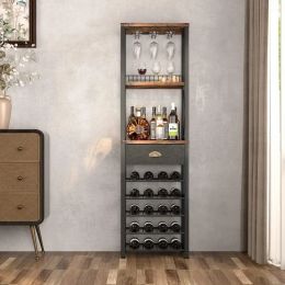 OEING Wine Rack Freestanding Floor, Bar Cabinet for Liquor and Glasses, 4-Tier bar Cabinet with Tabletop, Glass Holder Storage