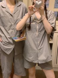 Home Clothing Real Time Couple Style Color Retro Summer Lace Short Sleeved Small Plaid Wear Pajama Set