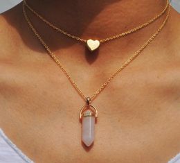 Natural Stones Heart Necklace Fashion Crystal Quartz Chakra Bullet Hexagonal Prism Point Healing Pendant Necklaces Double Layer Go3403611